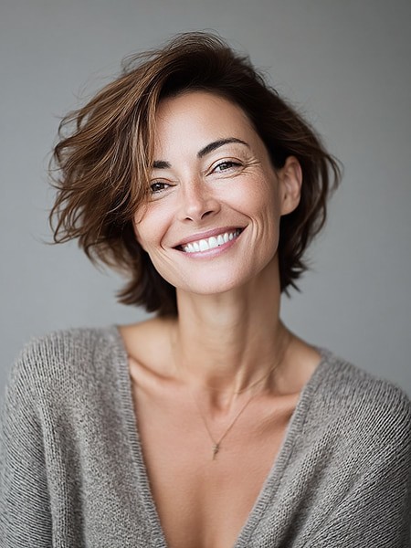 A smiling woman with short, wavy hair wearing a cozy sweater, against a soft, neutral background.