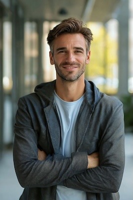 A smiling man in a gray hoodie, standing with arms crossed in an outdoor setting.